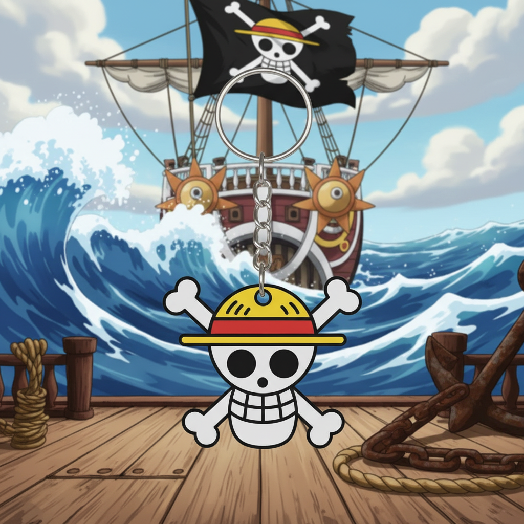 One Piece Straw Hat Pirates keychain with themed background